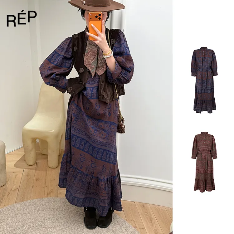 REP-ANTIK BATIK设计师品牌卡其/紫红花纹长袖连衣裙 25FW新品