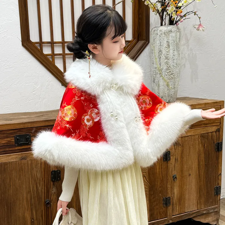 拜年服斗篷女童古装冬季中国风加厚披风加绒保暖公主儿童汉服外套