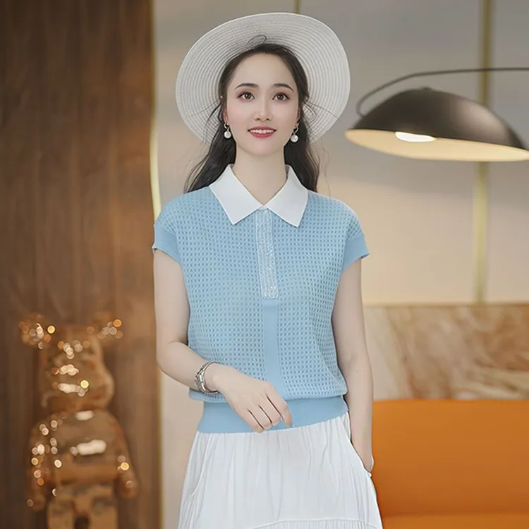 韩系冰丝针织T恤拼接polo领2025夏季新款宽松遮肉显瘦减龄上衣女