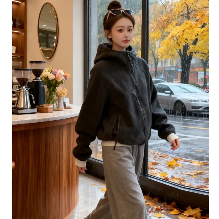 美式复古抓绒加厚连帽卫衣女2025冬季新款休闲百搭高级感开衫外套