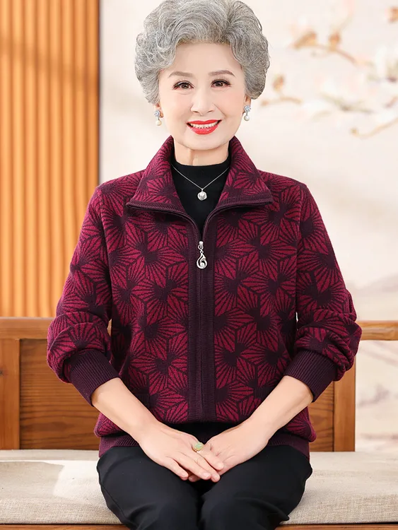 妈妈秋冬装针织外套中老年人大码上衣老太太70奶奶80保暖毛衣开衫