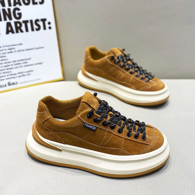 新款秋季男鞋皮面车缝线时尚休闲鞋系带皮革拼接粒面皮增高厚底