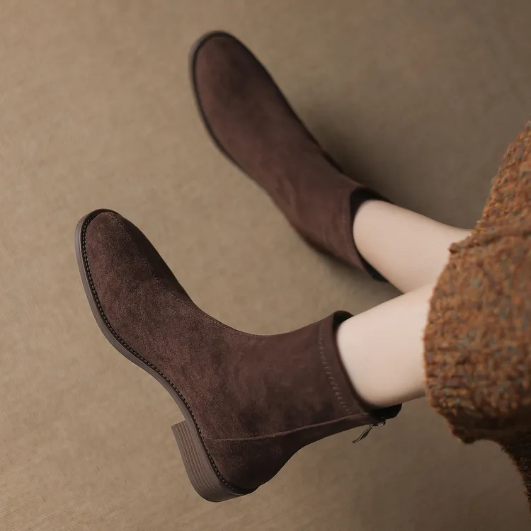 韩版低跟短筒弹力靴透气绒面圆头大码女靴4142马丁靴显瘦秋冬新款