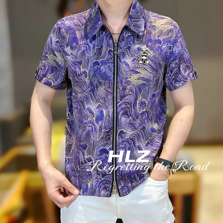 2025爆款男士休闲时尚百搭国风山水画新款薄款翻领短袖衬衫衬衣