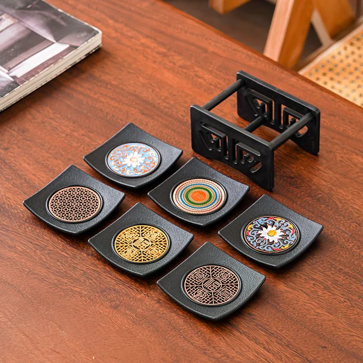 高档日式杯垫茶道隔热垫翘边珐琅彩杯托办公室家用防滑防烫茶杯托