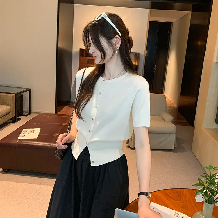 2025新款图法式气质圆领短袖针织开衫夏小众绝美漂亮单穿上衣洋气