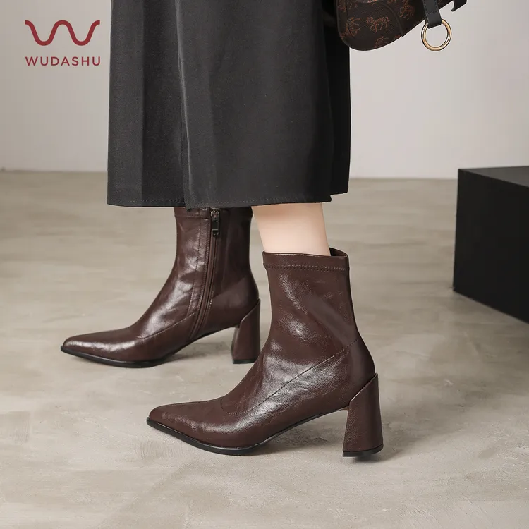 吴大叔时尚百搭短靴女侧拉链秋冬短筒靴子高跟靴尖头粗跟TF132065