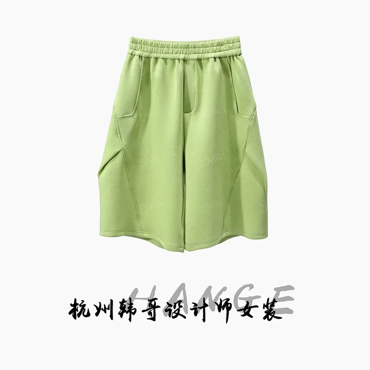 【韩哥女装】2025秋季欧版橄榄黄绿弯刀阔腿休闲高克重短裤9786-H6