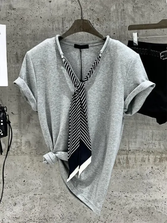 夏季超好看炸街独特漂亮上衣小个子轻奢高级感灰色领带短袖T恤女