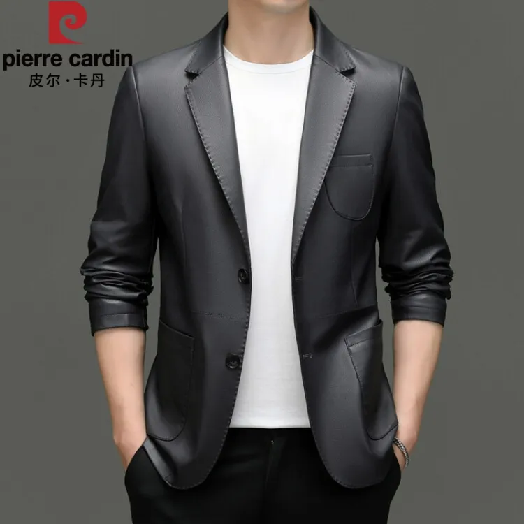 皮尔卡丹秋冬款皮衣男中青年男士皮夹克修身皮西服帅气休闲西装外