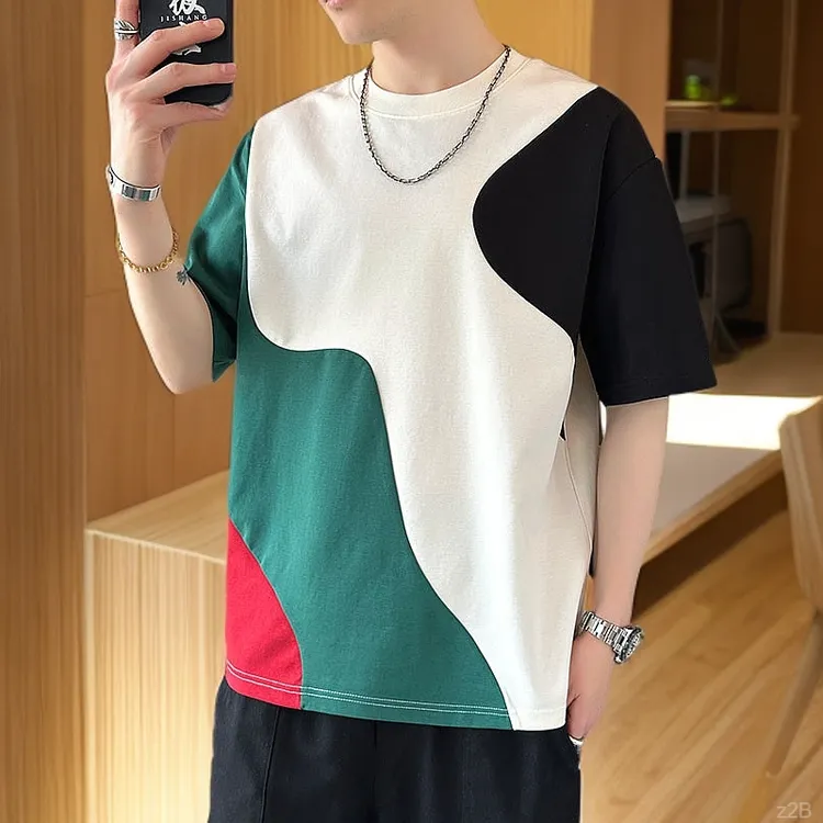 玛斯柏拼接撞色冰丝短袖T恤衫男士夏季薄款圆领潮流百搭休闲男装