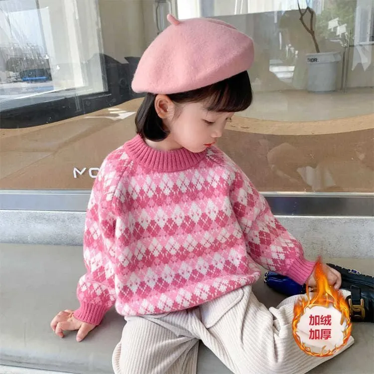 女童套头毛衣加绒保暖儿童韩版新款秋冬季宝宝洋气女孩针织打底衫