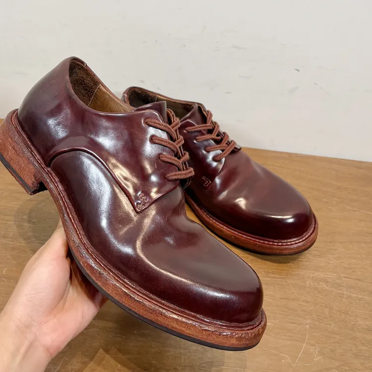 复古植鞣水洗~意大利进口马臀皮德比鞋男士固特异休闲手工皮鞋