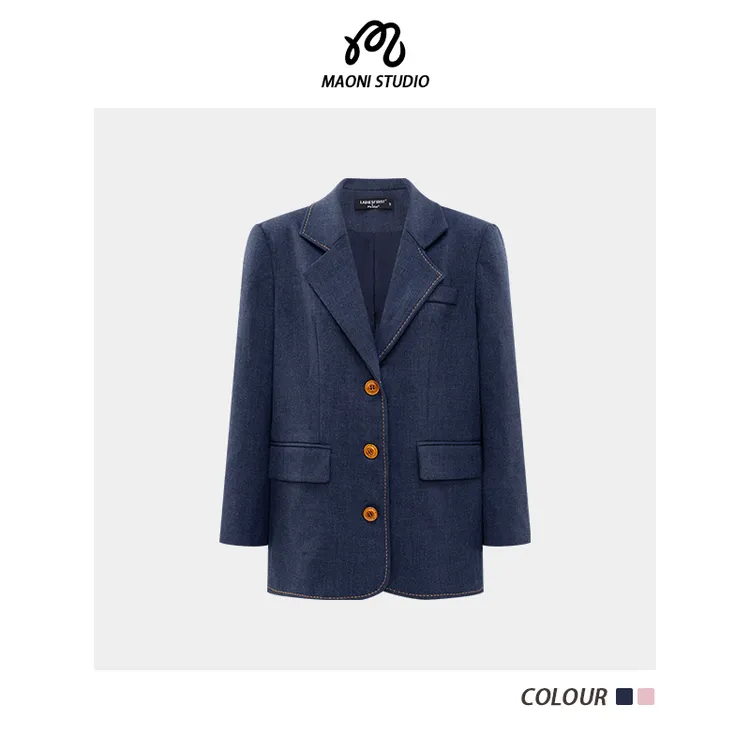 毛妮LADIESFIRST【高智分子】复古感轮廓藏蓝色西装外套早秋L2382