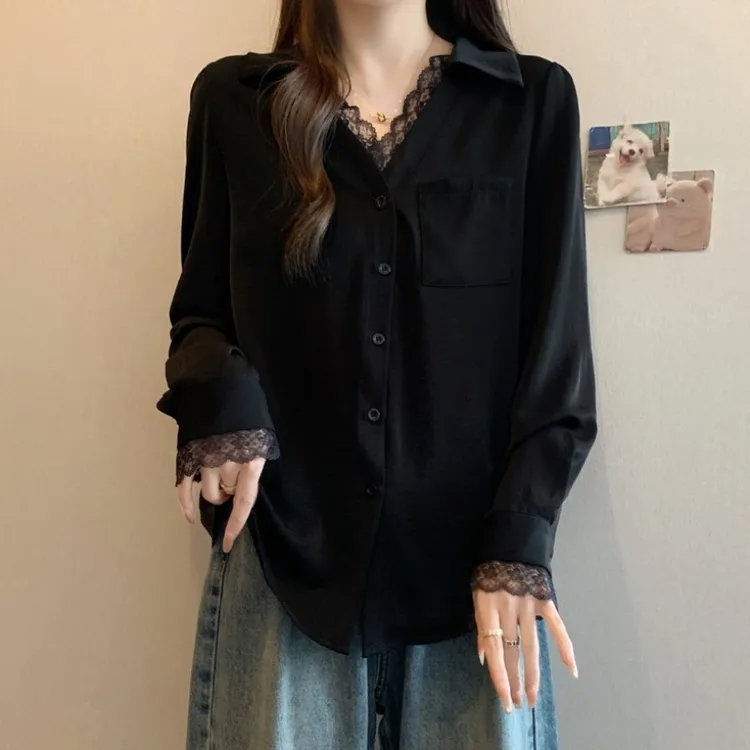 大码法式蕾丝拼接长袖衬衫女春秋新款微胖MM宽松显瘦百搭洋气上衣
