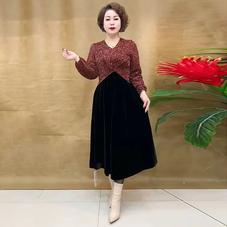 H春季新款阔太太高端气质减龄丝绒拼接连衣裙遮肉显瘦洋气长裙