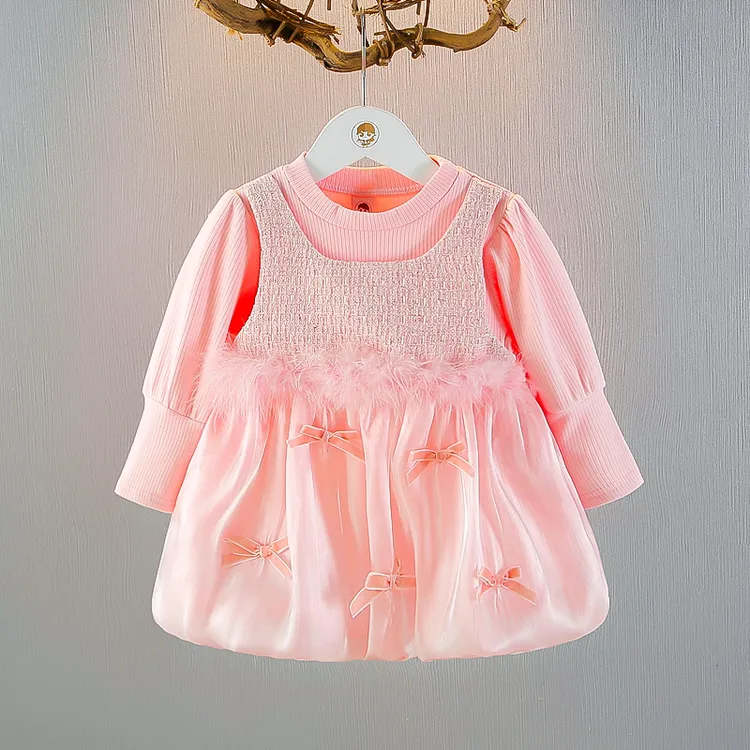 巴拉童年女童假两件连衣裙春秋新款儿童洋气时髦女宝宝小香风公主