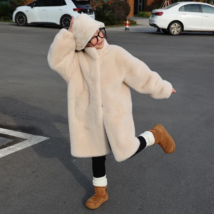 女童毛毛外套皮毛一体冬季女宝仿皮草水貂毛棉袄中长款大衣送帽子