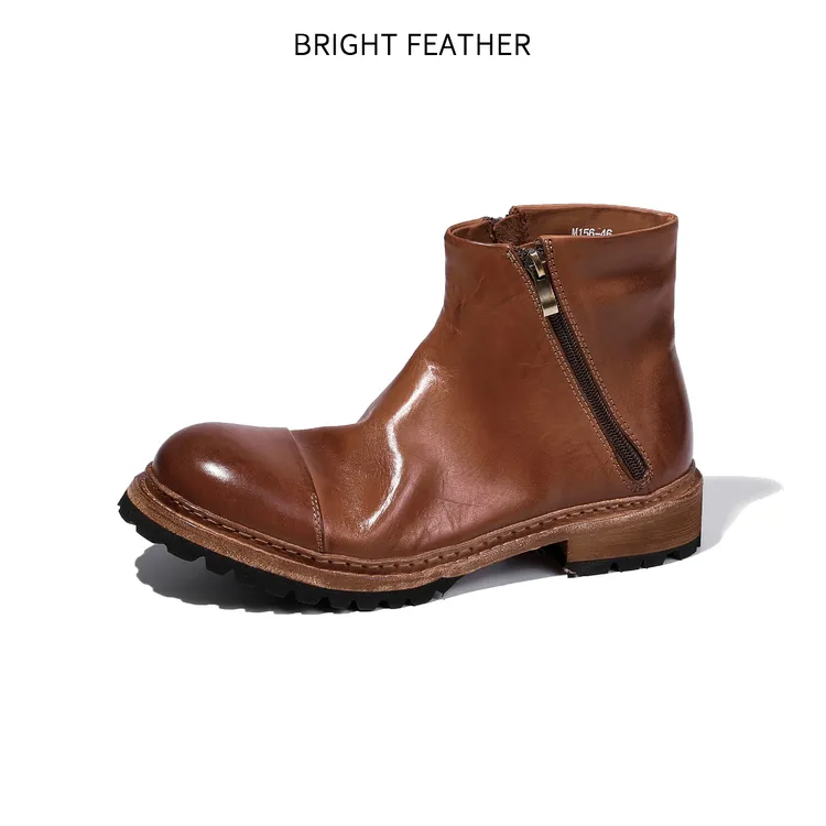 BRIGHT FEATHER大头马皮系带马丁靴双拉链水洗做旧真皮靴子英伦风