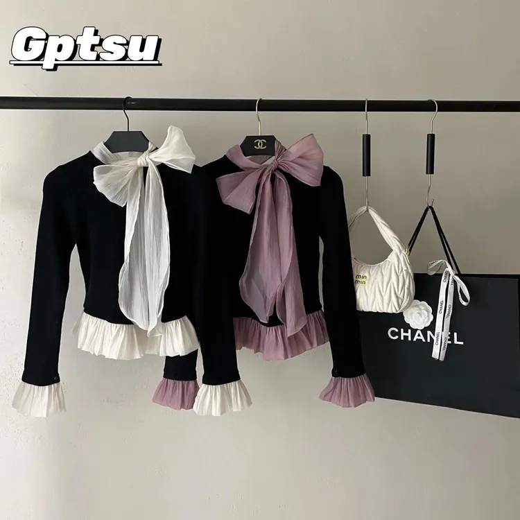 GPTSu法式高级感蝴蝶结撞色荷叶边长袖T恤女秋季新款修身显瘦上衣
