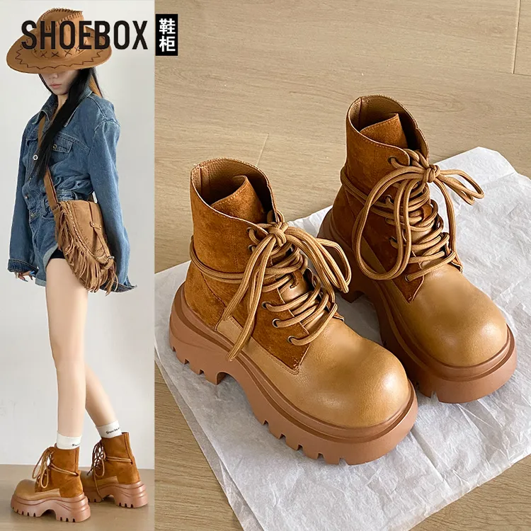SHOEBOX鞋柜英伦风小个子厚底马丁靴女2025秋季新款显瘦增高短靴