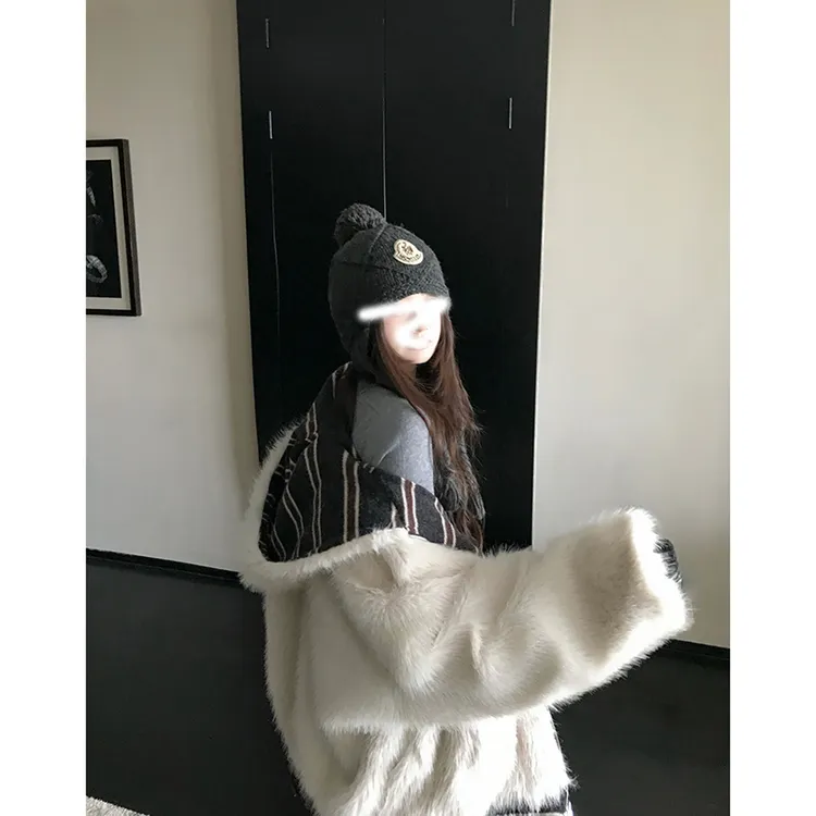 慵懒至上 美式复古调调仿毛毛两面穿条纹连帽卫衣外套女冬季韩版