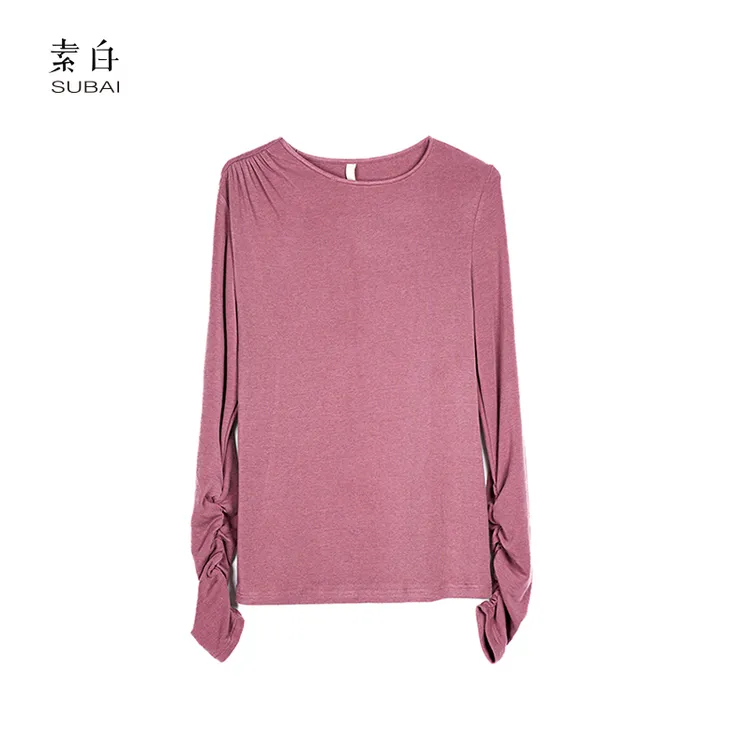 素白【粉绒】堆堆袖圆领柔软打底上衣SB2501T01114