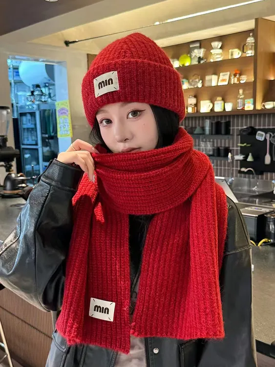 红色针织毛线帽女冬季保暖护耳大头围帽子围巾时尚气质情侣围脖潮