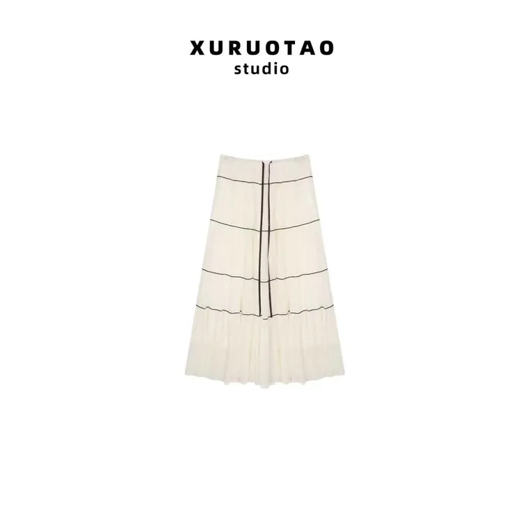 XURUOTAO【琉璃裙】2026夏 棉感百褶蕾丝松紧显瘦白色半身裙 T7016
