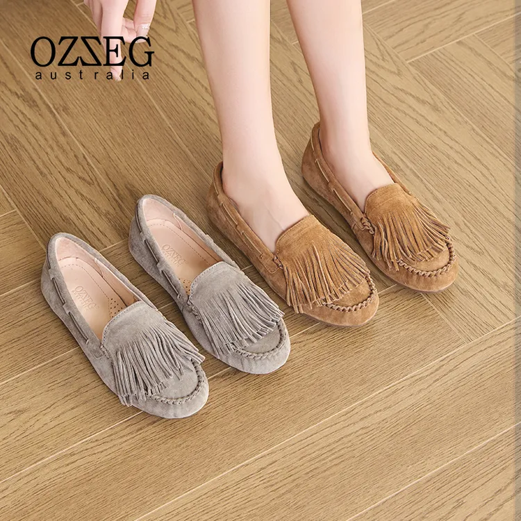 OZZEG澳泽格豆豆鞋女真皮秋季浅口流苏孕妇单鞋平底女船鞋2FC07