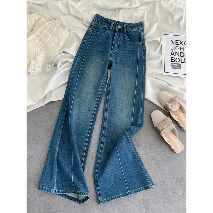 设计感鱼骨边不贴腿微喇牛仔裤女秋冬加绒梨形身材高腰显瘦阔腿裤