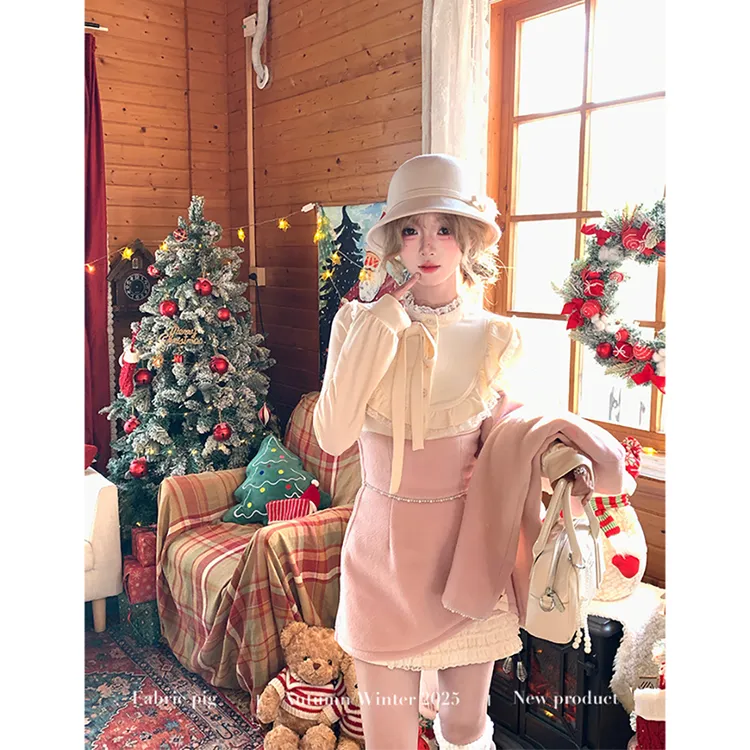 芝芝桃桃 织物猪原创 甜美小香风秋冬保暖女内搭蕾丝粉色外套短裙