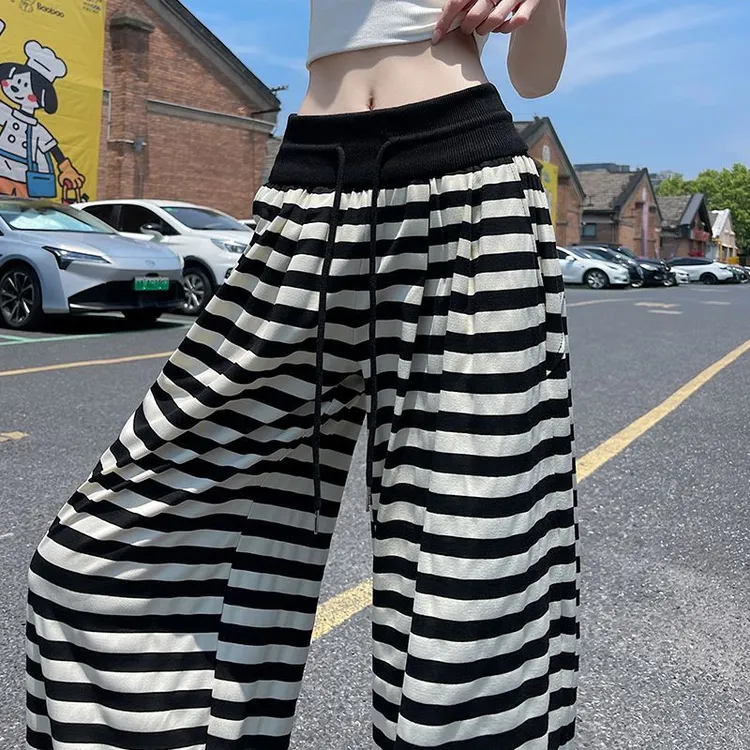 黑白条纹运动裤子女2025夏季新款时尚显瘦休闲阔裤腿拖地裤女ins