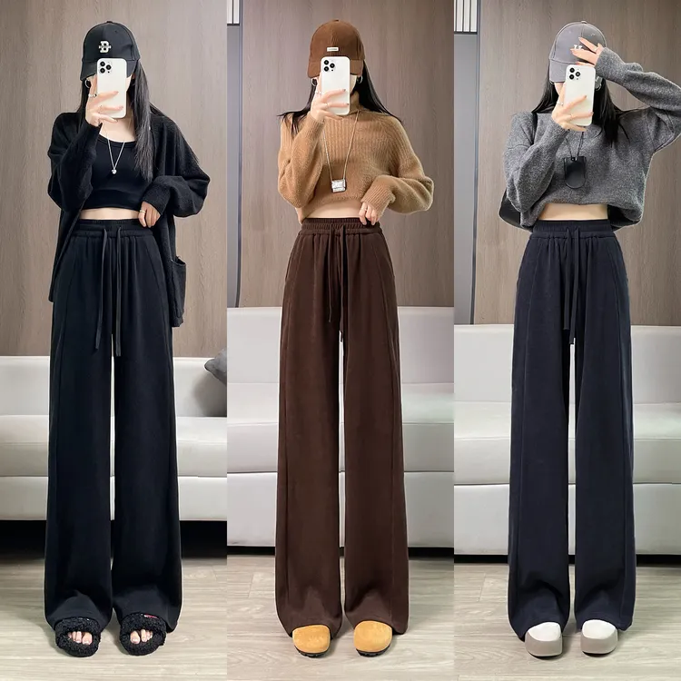 琥珀流光风穿搭雪尼尔阔腿裤女2025新款秋冬季加绒加厚直筒休闲裤