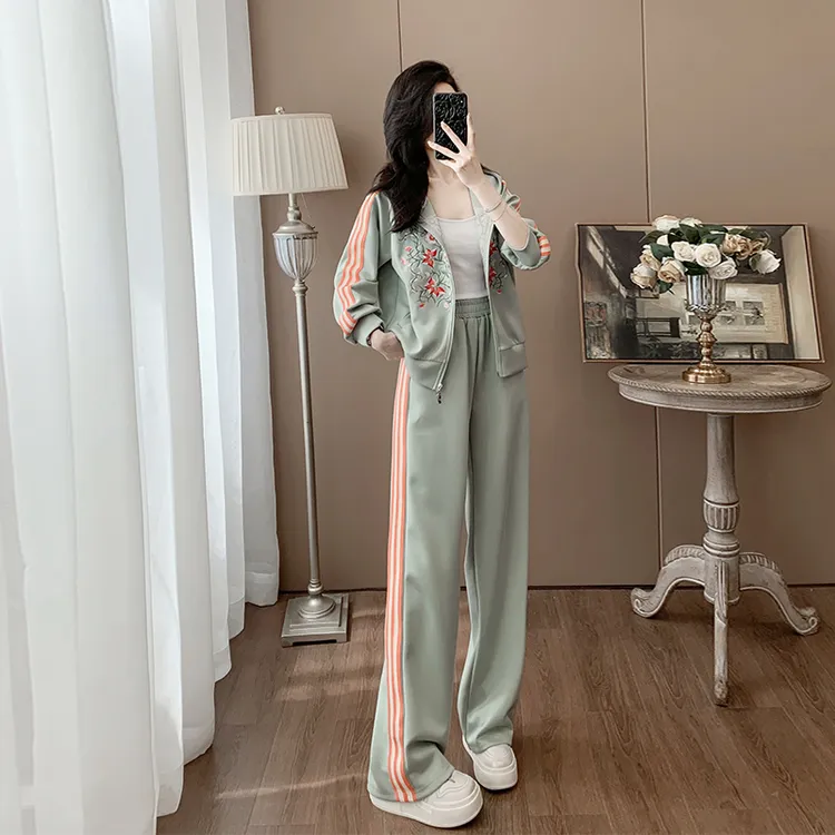 时尚休闲运动服花色刺绣连帽卫衣套装女春秋气质显瘦高腰阔腿裤装