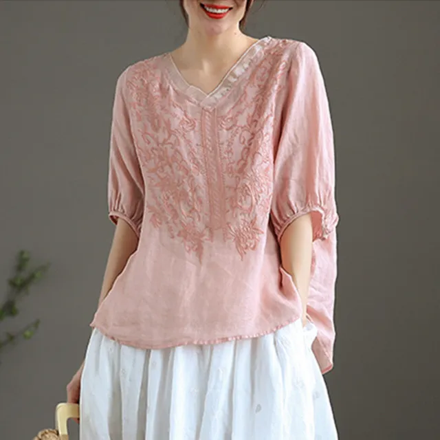 纯色苎麻短袖衬衫女夏文艺刺绣休闲百搭复古宽松V领显瘦轻盈T恤衫