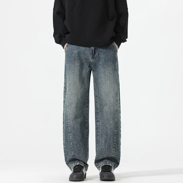 美式复古潮牌阔腿垂感牛仔裤男士2025秋冬新款宽松直筒拼接长裤子