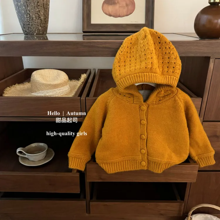 【甜品起司】冬季暖橘！韩国童装女宝镂空钩花加厚毛衣连帽针织衫