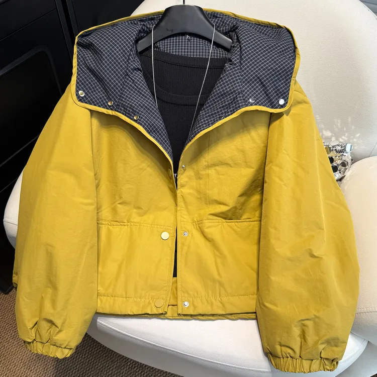 欧货格子拼接抽绳连帽棉衣女短款2025秋冬韩版宽松显瘦休闲外套潮