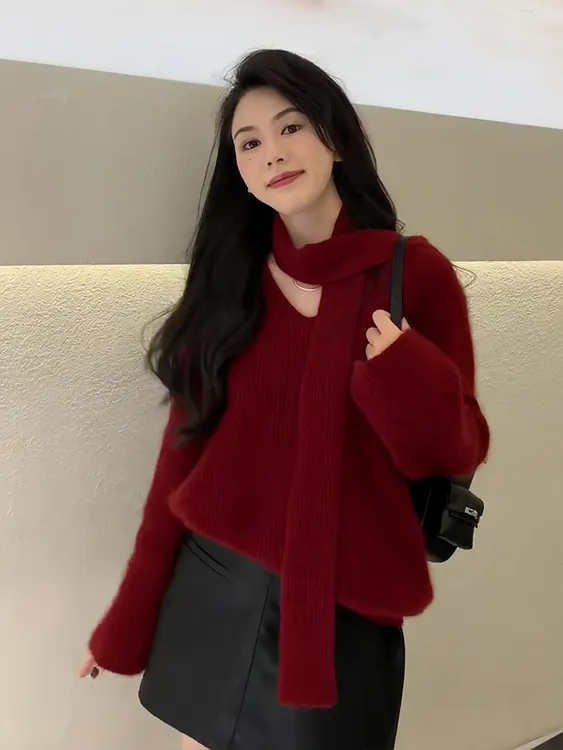 纯欲风v领飘带安可拉红毛衣2025秋冬新款女装时髦洋气长袖针织衫