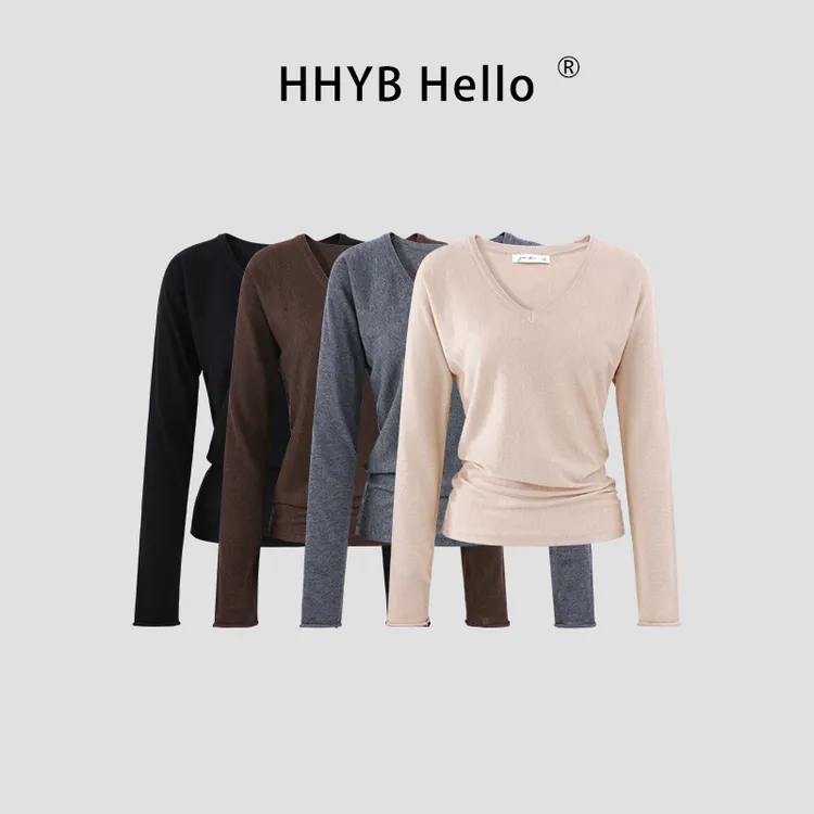 HHYB Hello简约V领长袖针织衫女2025秋新款修身显瘦打底衫M1388
