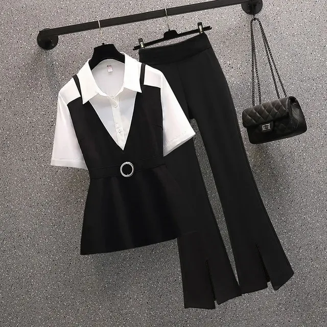 胖新款妹妹气质职业套装2025款时尚大码女装显瘦衬衫微喇裤两件套