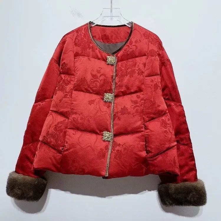 【专柜专款】新中式红色短款棉服棉衣女冬季拼接懒兔毛唐装厚外套