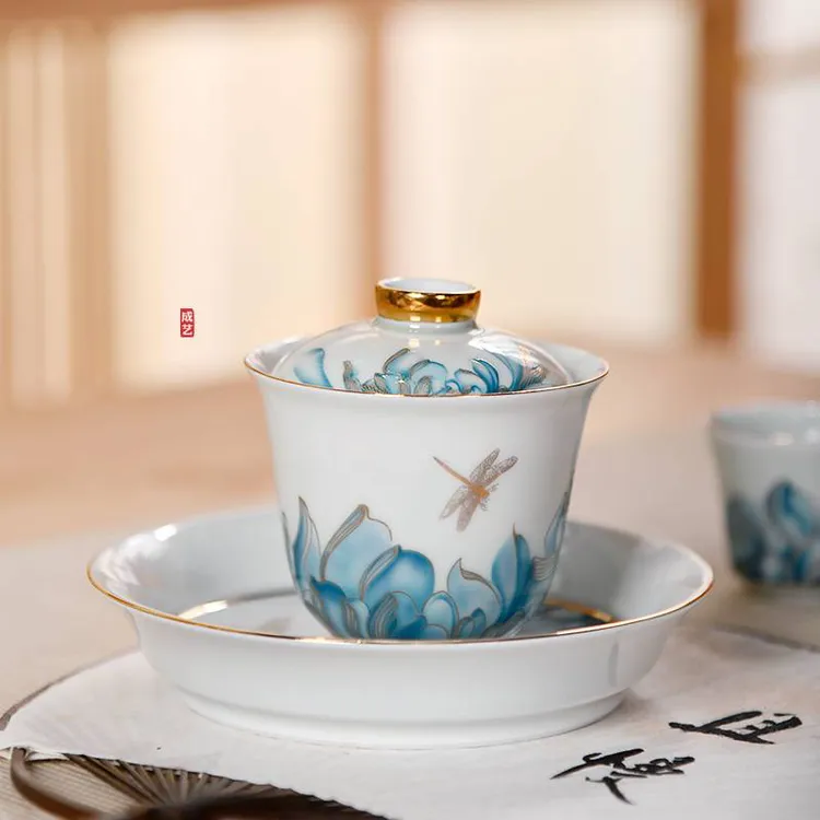情投意荷三才盖碗陶瓷茶具家用泡茶碗青花荷花盖碗白瓷高端茶具