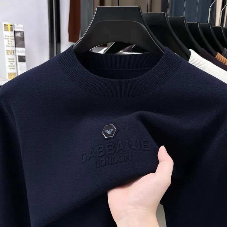 品牌含羊毛亚克力胸标针织毛衣百搭秋季时尚休闲羊毛毛衣针织衫