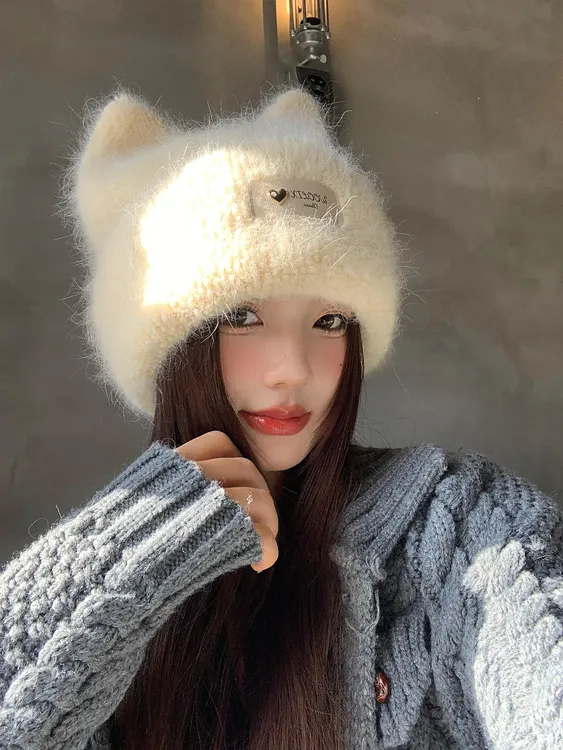 甜美可爱猫耳朵毛茸茸兔毛针织帽女秋冬季显脸小保暖护耳毛线帽子