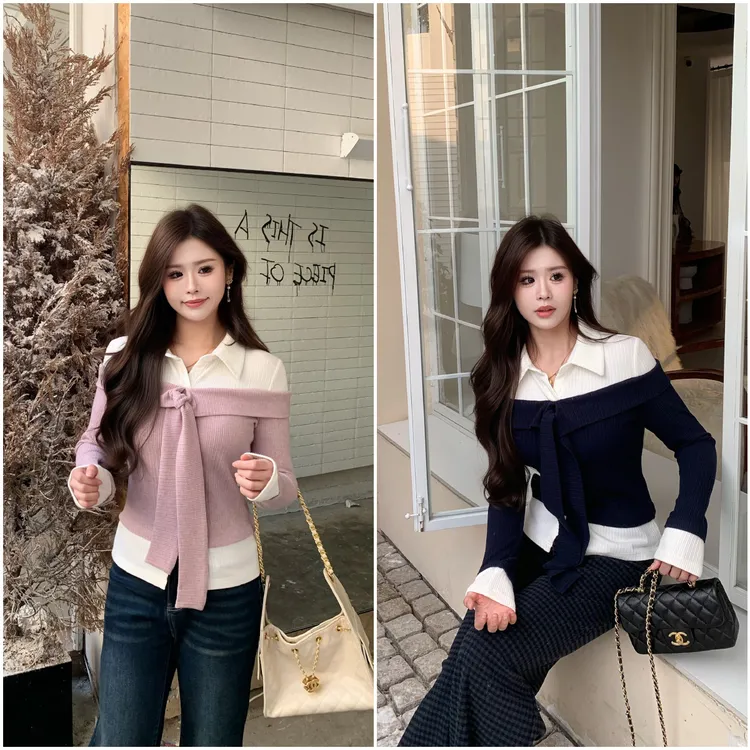 李潇洒【小腰精】微胖大码冬韩系撞色假两件系带纽结翻领修身针织衫