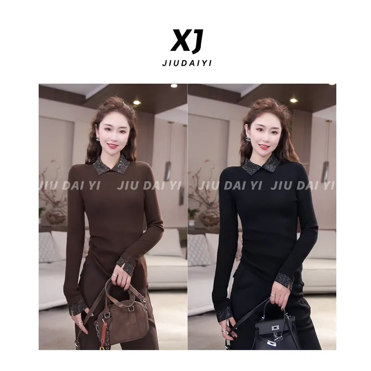 玖黛衣【闪耀静奢】冬季新款翻领加绒长袖厚款烫钻羊毛衫 XSJ47291