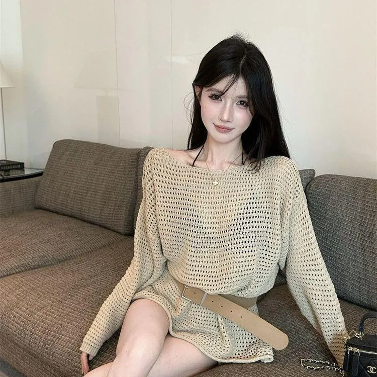 夏季女款镂空透气衬衫轻奢宽松设计女薄款外搭高级感可露肩三件套