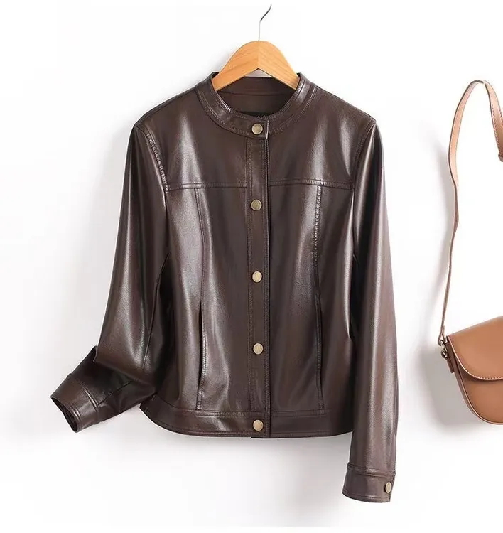 202秋冬海宁皮衣女短款立领机车服百搭新款真皮外套休闲时尚羽绒